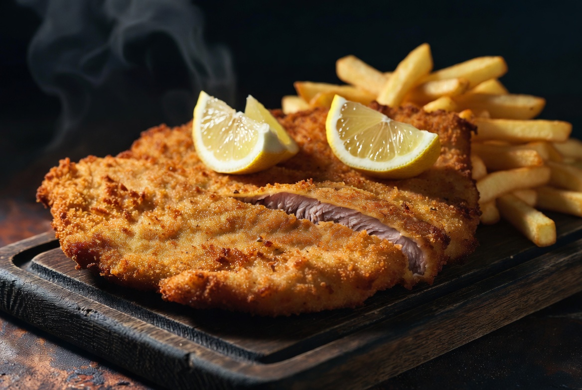 Gepaneerde schnitzel met citroen en friet