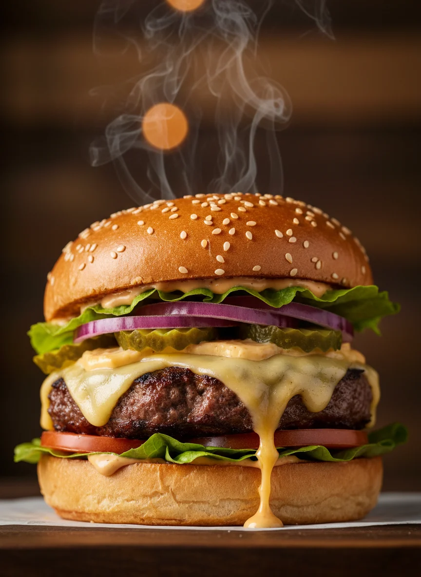 Nacho Burger mit Bacon, Käsesauce und frischem Salat