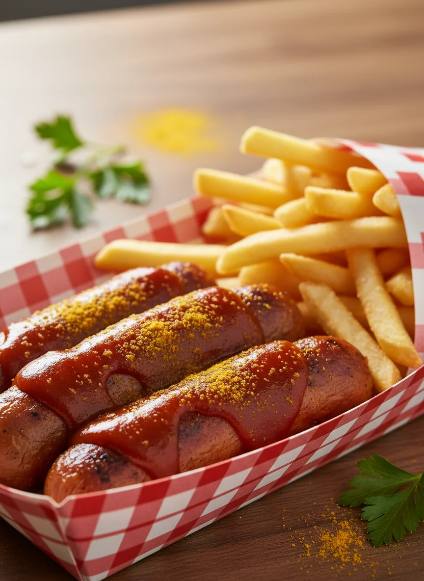 Currywurst mit Currypulver und Pommes
